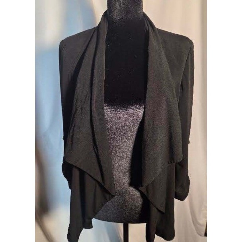 Calvin Klein Black Open Front Draped Waterfall Blazer Roll Tab Sleeve Womens